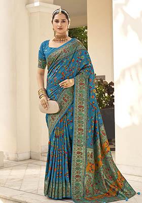 Teal Blue Printed Silk Saree Set