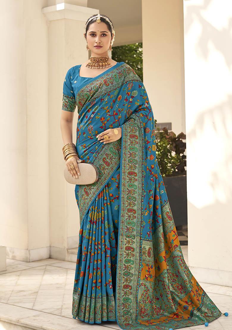 Teal Blue Printed Silk Saree Set
