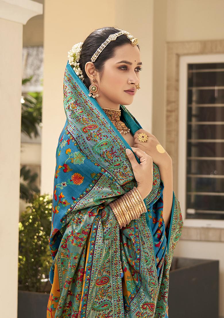 Teal Blue Printed Silk Saree Set