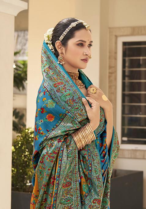 Teal Blue Printed Silk Saree Set