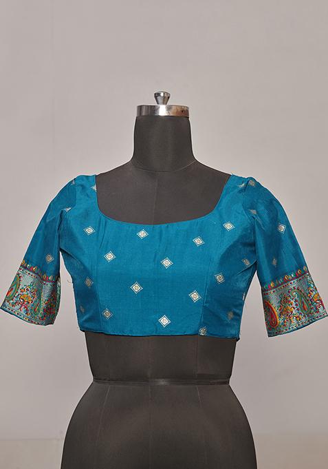 Teal Blue Printed Silk Saree Set