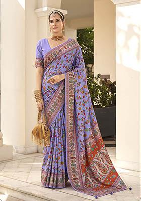Lavender Printed Silk Saree Set