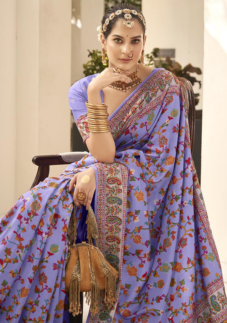 Lavender Printed Silk Saree Set