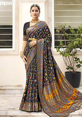 Black Printed Silk Saree Set