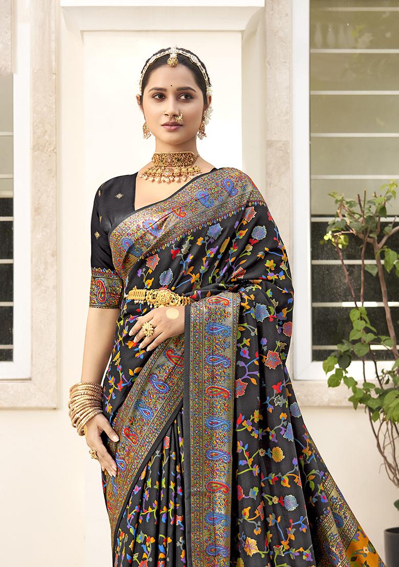 Black Printed Silk Saree Set