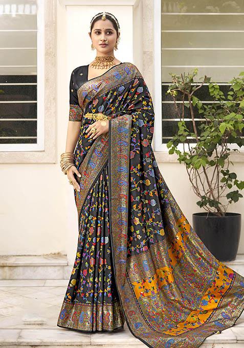 Black Printed Silk Saree Set