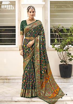 Pine Green Printed Silk Saree Set