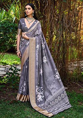 Grey Printed Silk Saree Set