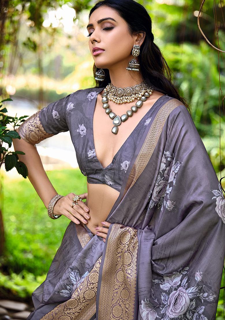 Grey Printed Silk Saree Set