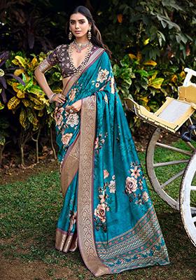 Peacock Blue Printed Silk Saree Set