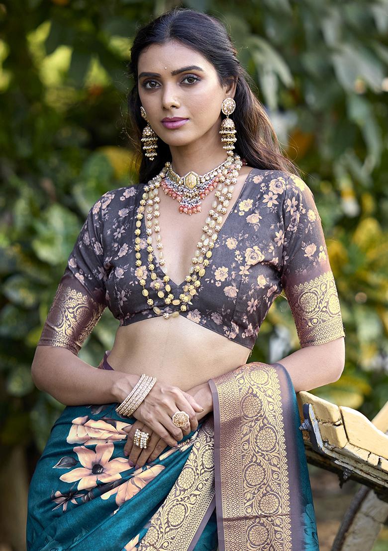 Peacock Blue Printed Silk Saree Set