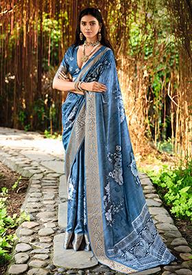 Teal Blue Printed Silk Saree Set