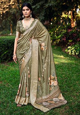 Pastel Brown Printed Silk Saree Set