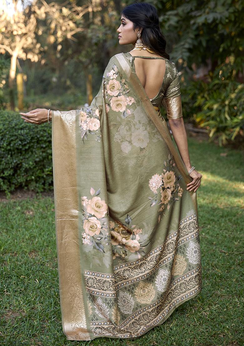Pastel Brown Printed Silk Saree Set