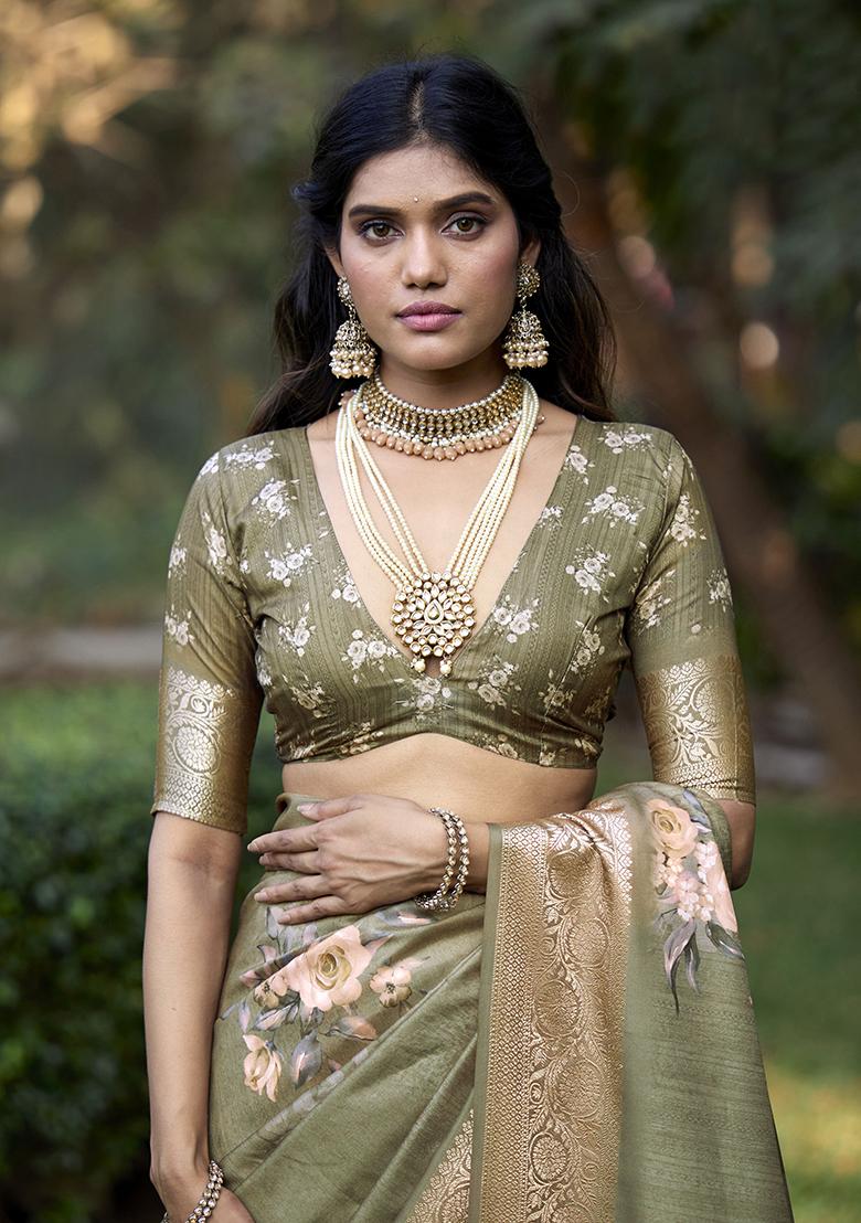 Pastel Brown Printed Silk Saree Set