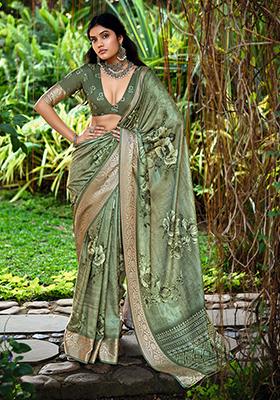 Olive Green Printed Silk Saree Set