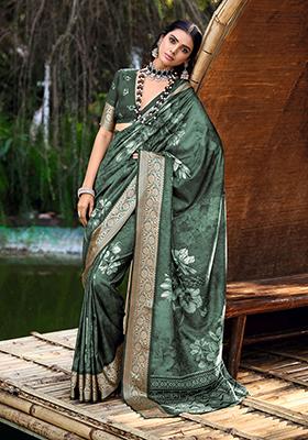 Hazel Green Printed Silk Saree Set