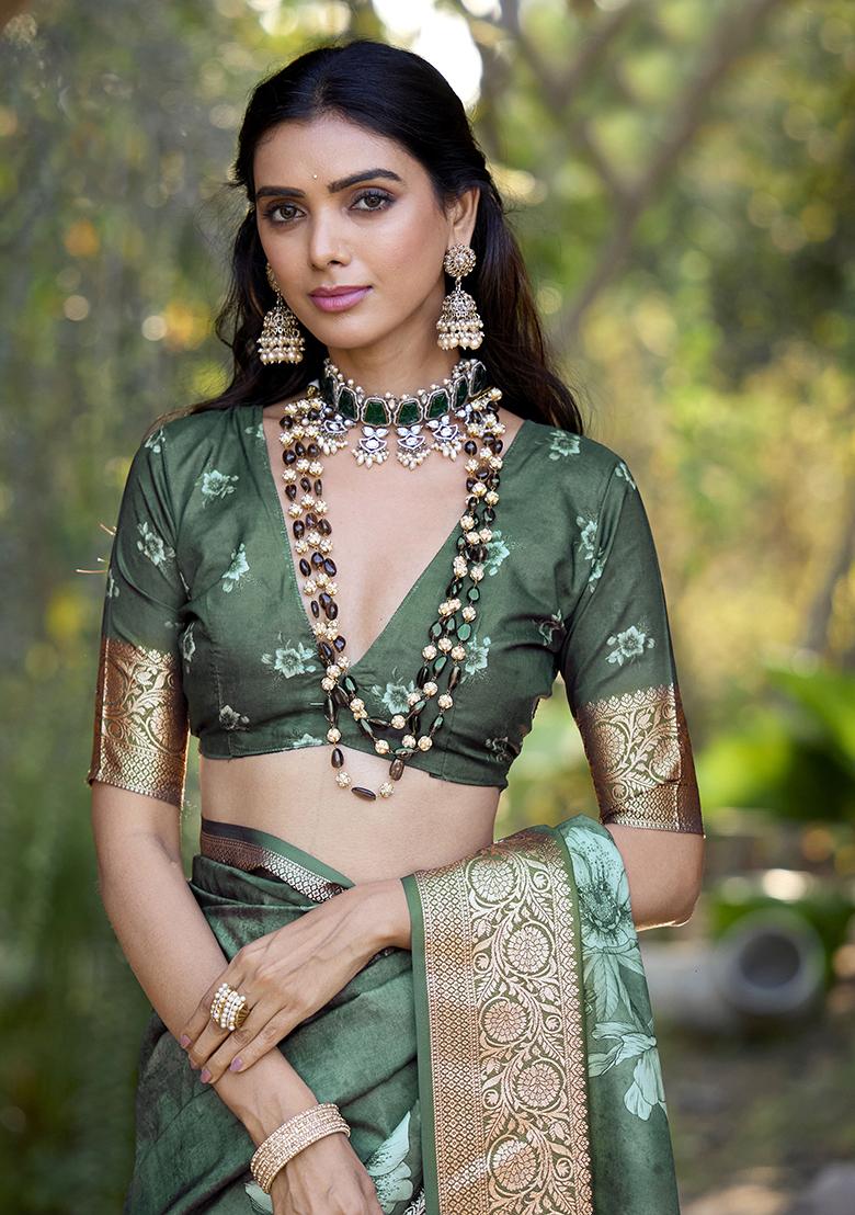 Hazel Green Printed Silk Saree Set