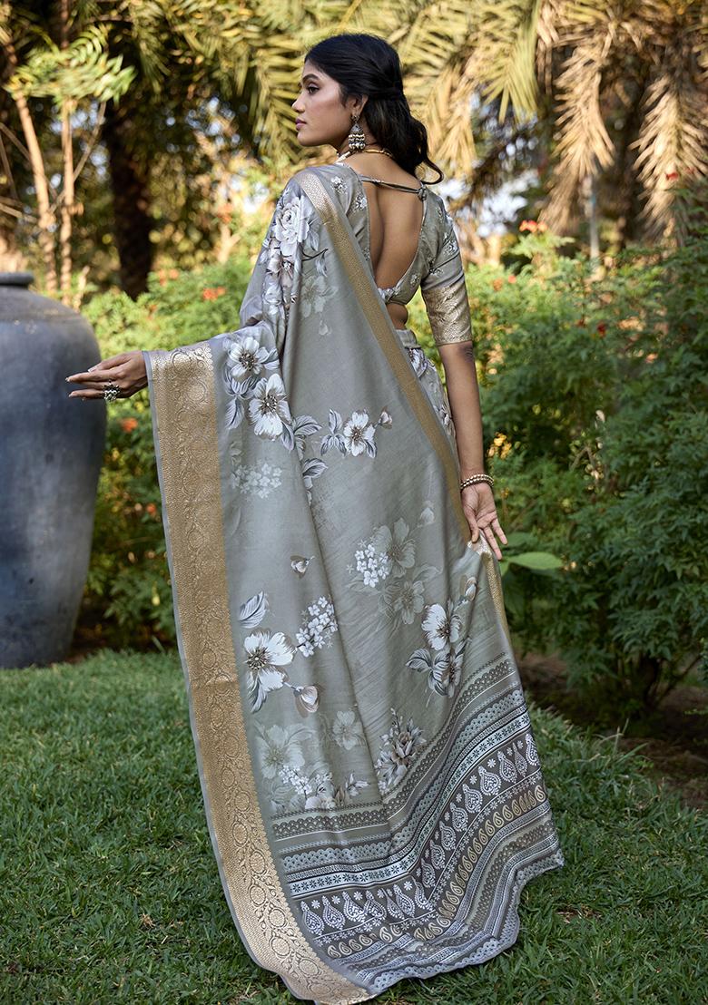 Smokey Grey Printed Silk Saree Set