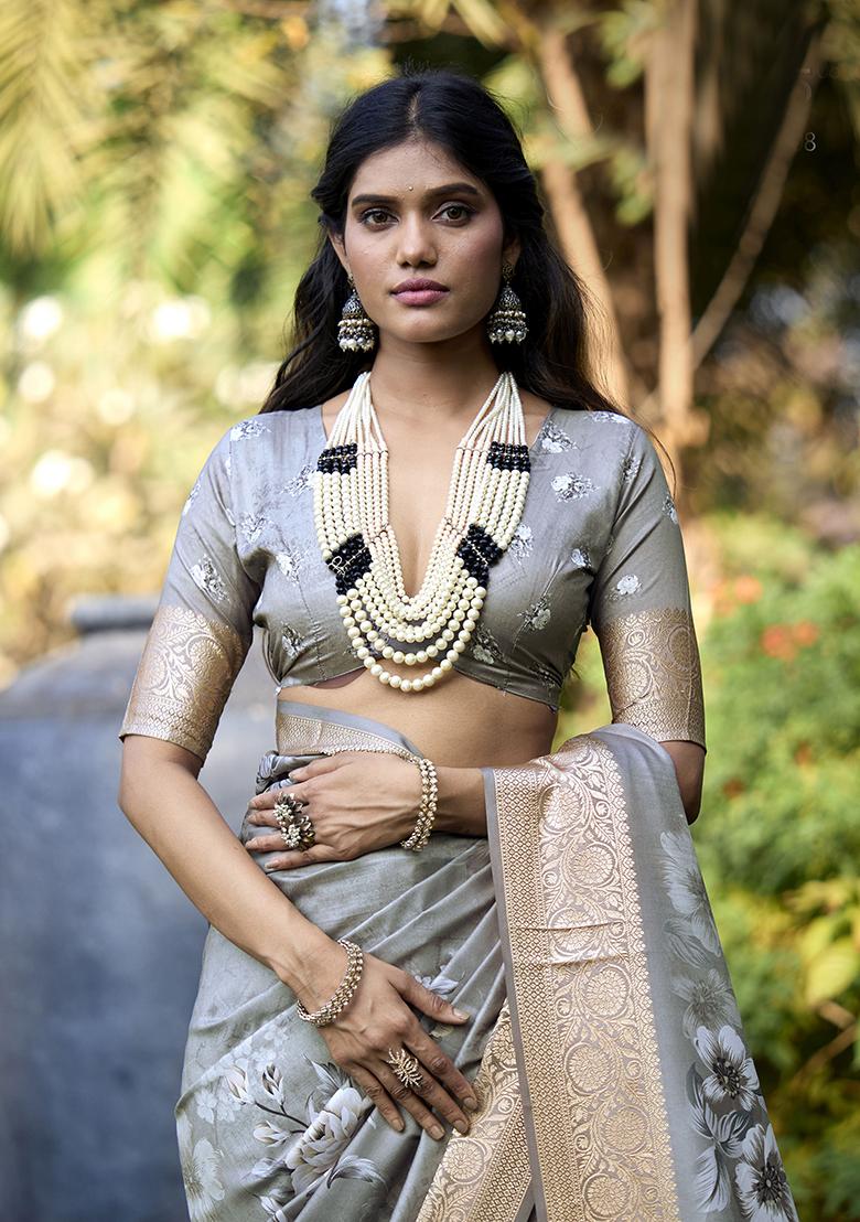 Smokey Grey Printed Silk Saree Set