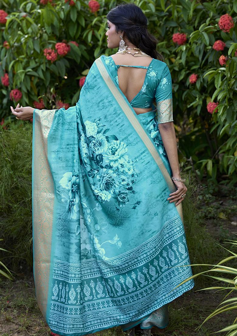 Turquoise Green Printed Silk Saree Set