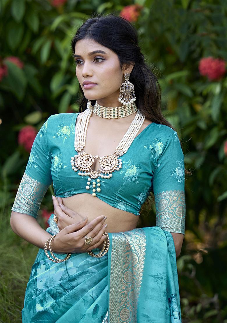 Turquoise Green Printed Silk Saree Set