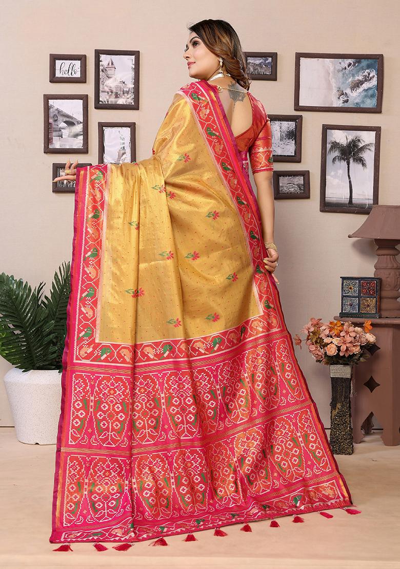 Yellow Embroidered Silk Saree Set