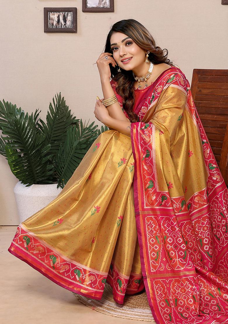 Yellow Embroidered Silk Saree Set