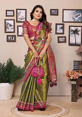 Green Embroidered Silk Saree Set