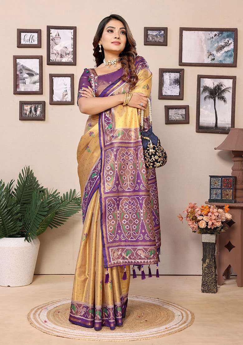 Orange Embroidered Silk Saree Set - Indya
