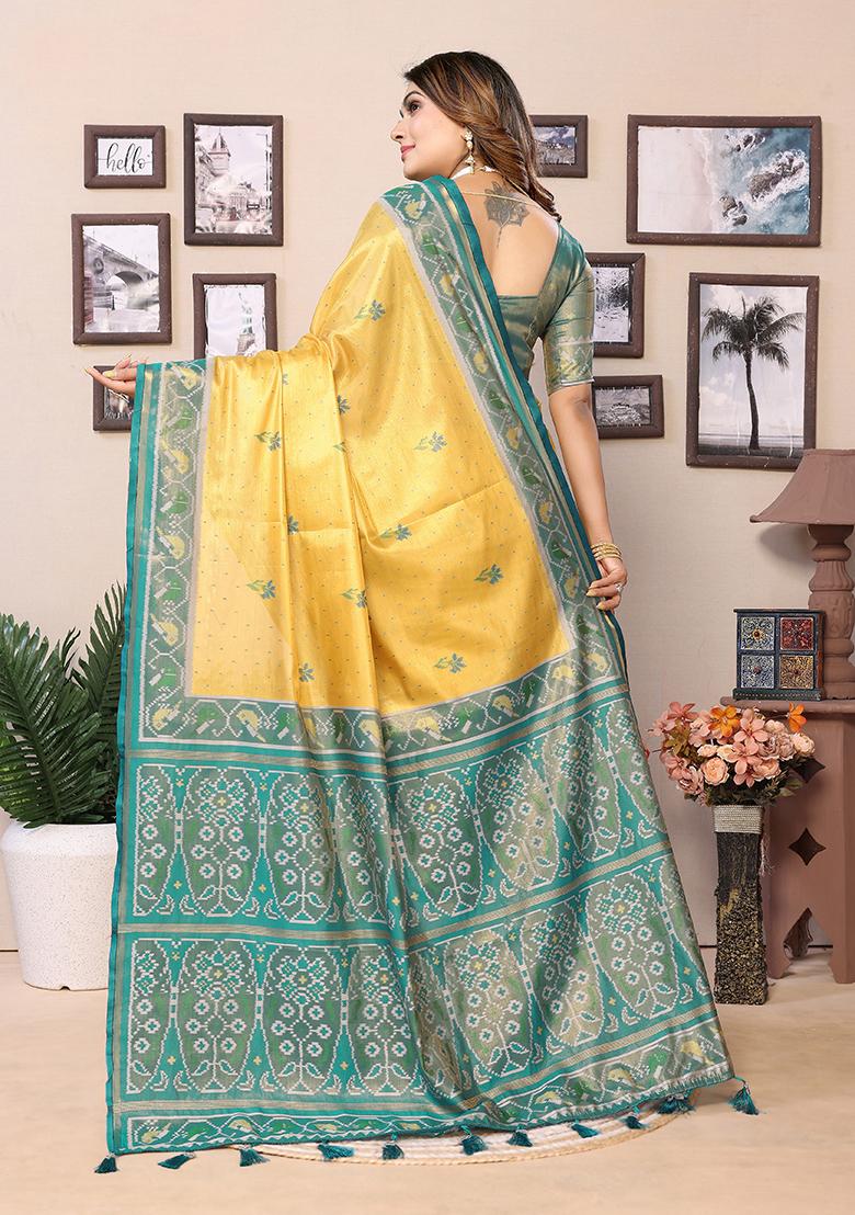 Mustard Yellow Embroidered Silk Saree Set