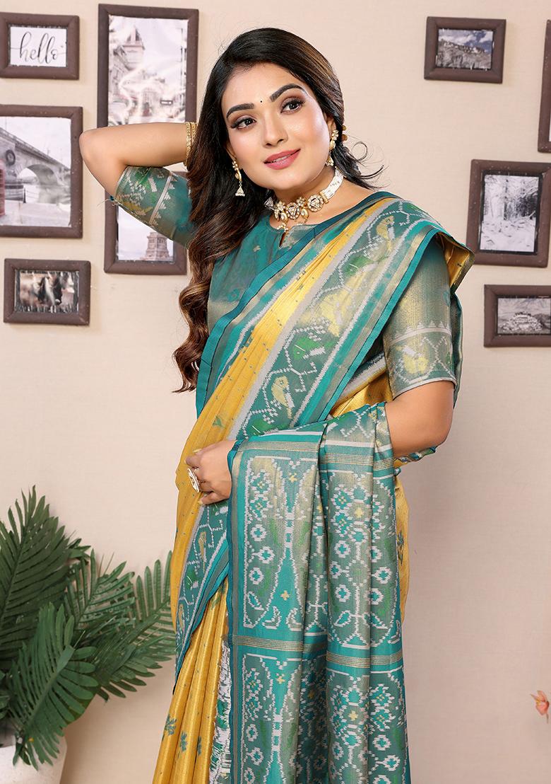 Mustard Yellow Embroidered Silk Saree Set