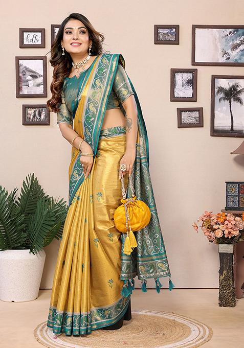 Mustard Yellow Embroidered Silk Saree Set