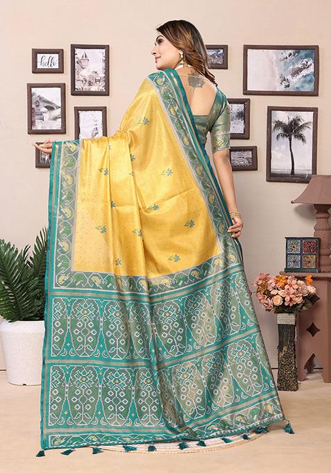 Mustard Yellow Embroidered Silk Saree Set