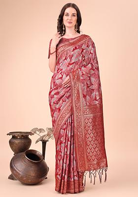 Cream Embroidered Silk Saree Set