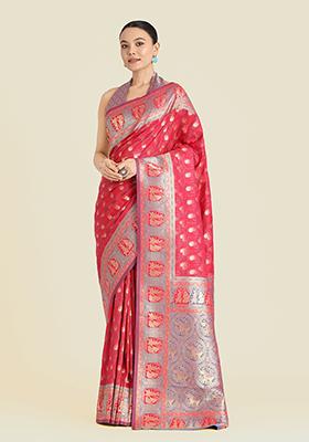Pink Embroidered Silk Saree Set