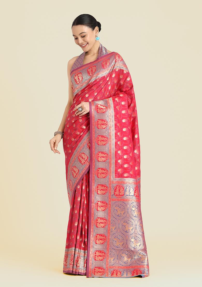 Pink Embroidered Silk Saree Set
