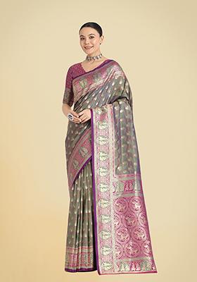 Olive Green Embroidered Silk Saree Set
