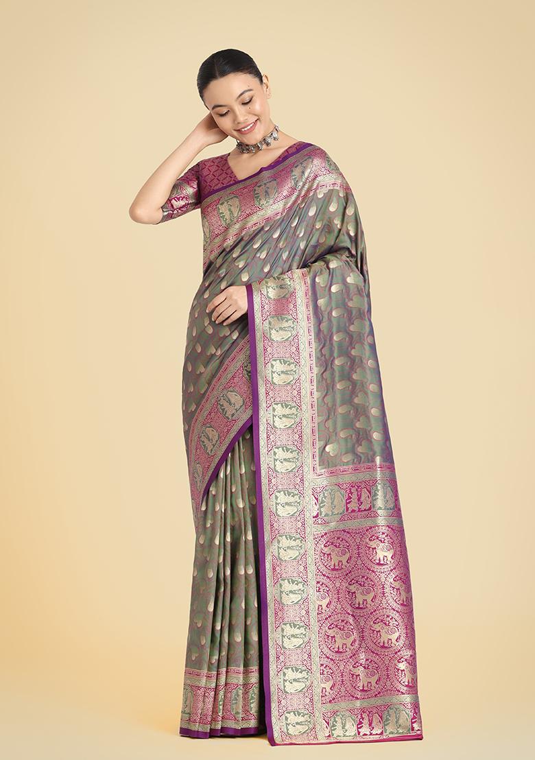 Olive Green Embroidered Silk Saree Set