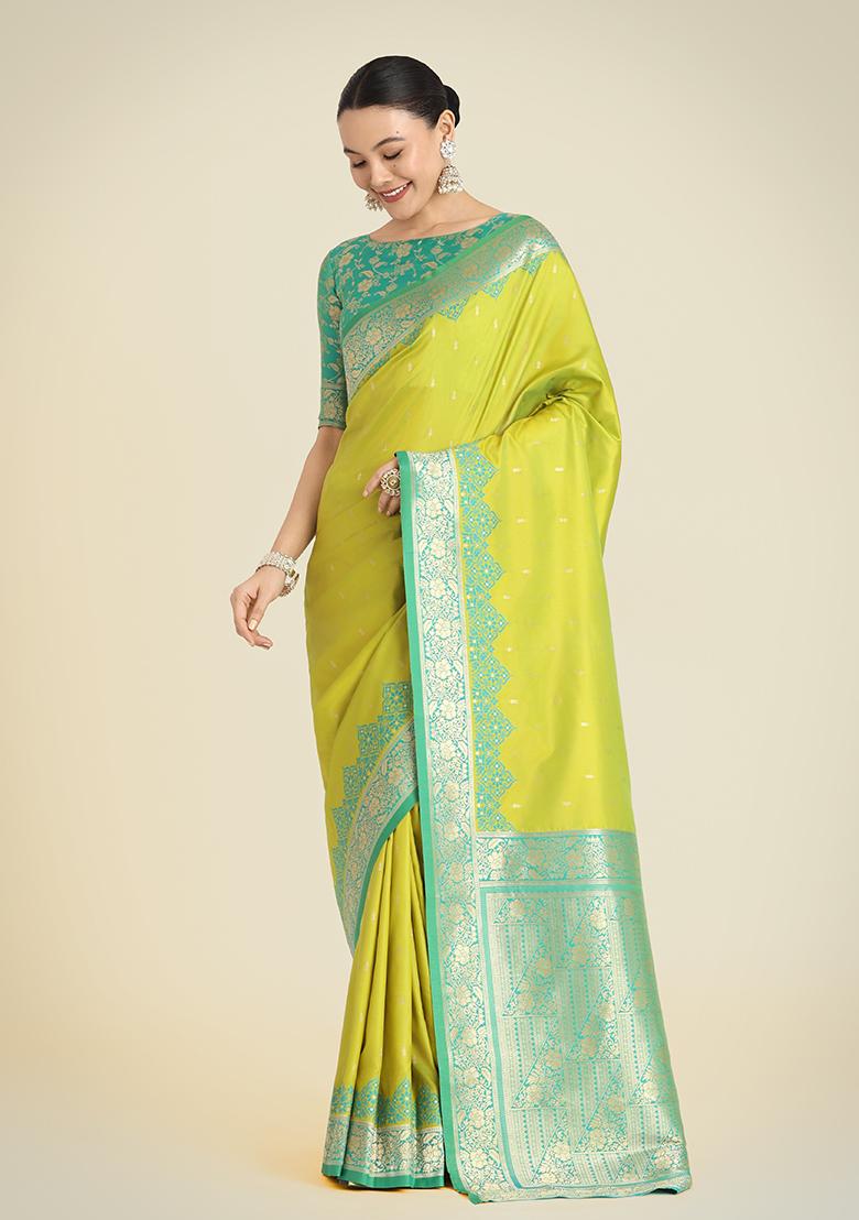 Parrot Green Embroidered Silk Saree Set