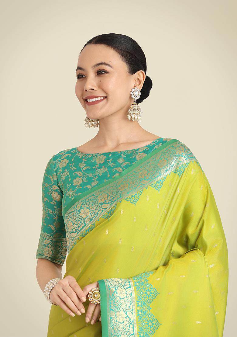 Parrot Green Embroidered Silk Saree Set