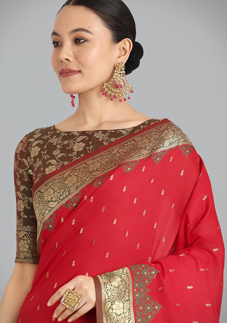 Red Embroidered Silk Saree Set