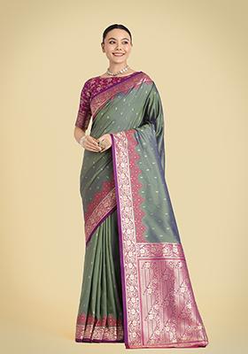 Olive Green Embroidered Silk Saree Set