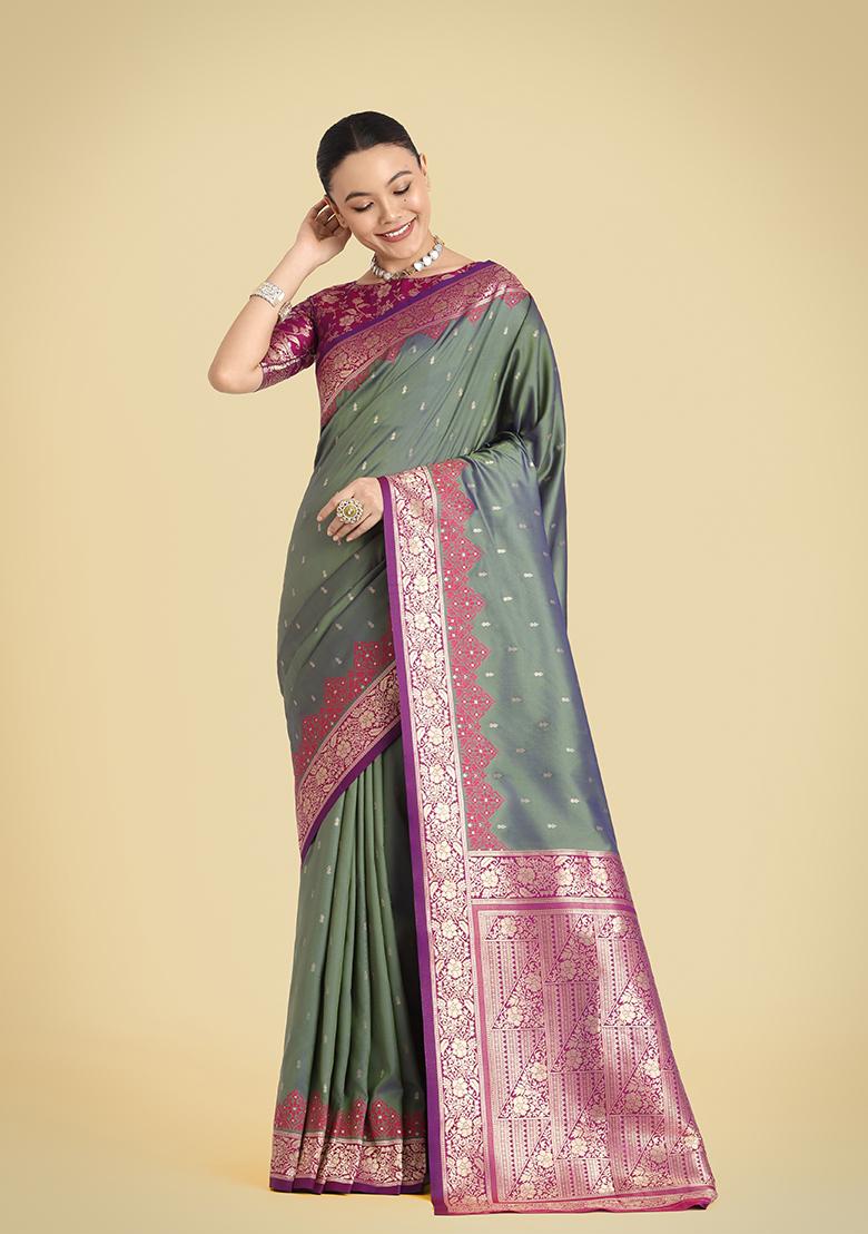 Olive Green Embroidered Silk Saree Set