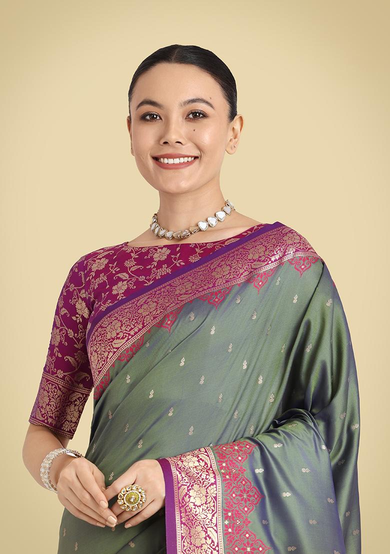 Olive Green Embroidered Silk Saree Set