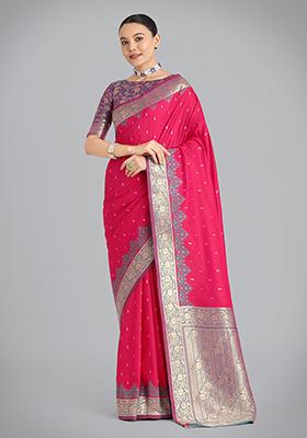 Pink Embroidered Silk Saree Set