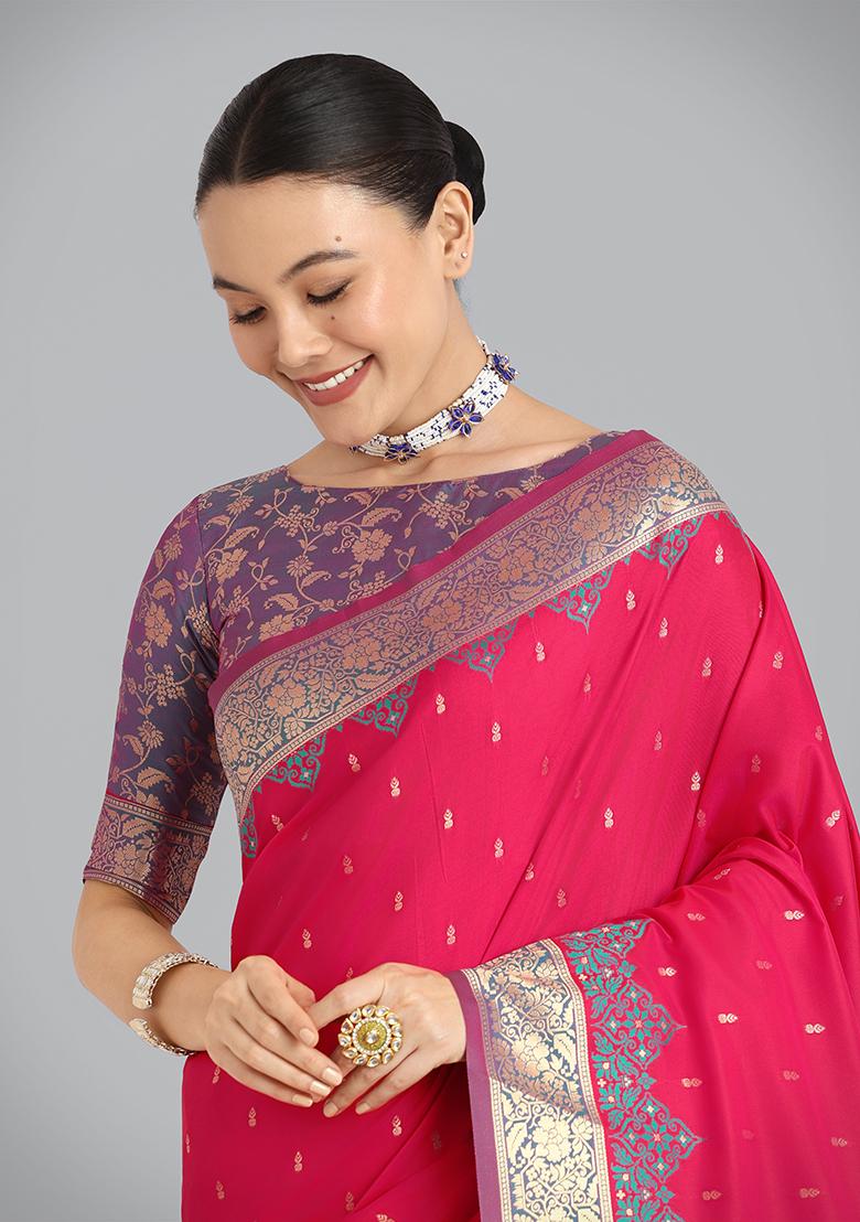 Pink Embroidered Silk Saree Set