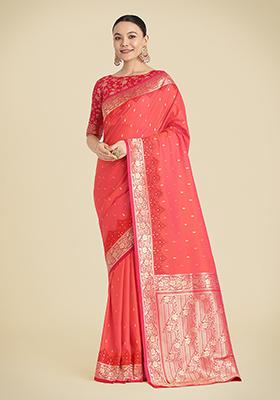 Coral Pink Embroidered Silk Saree Set
