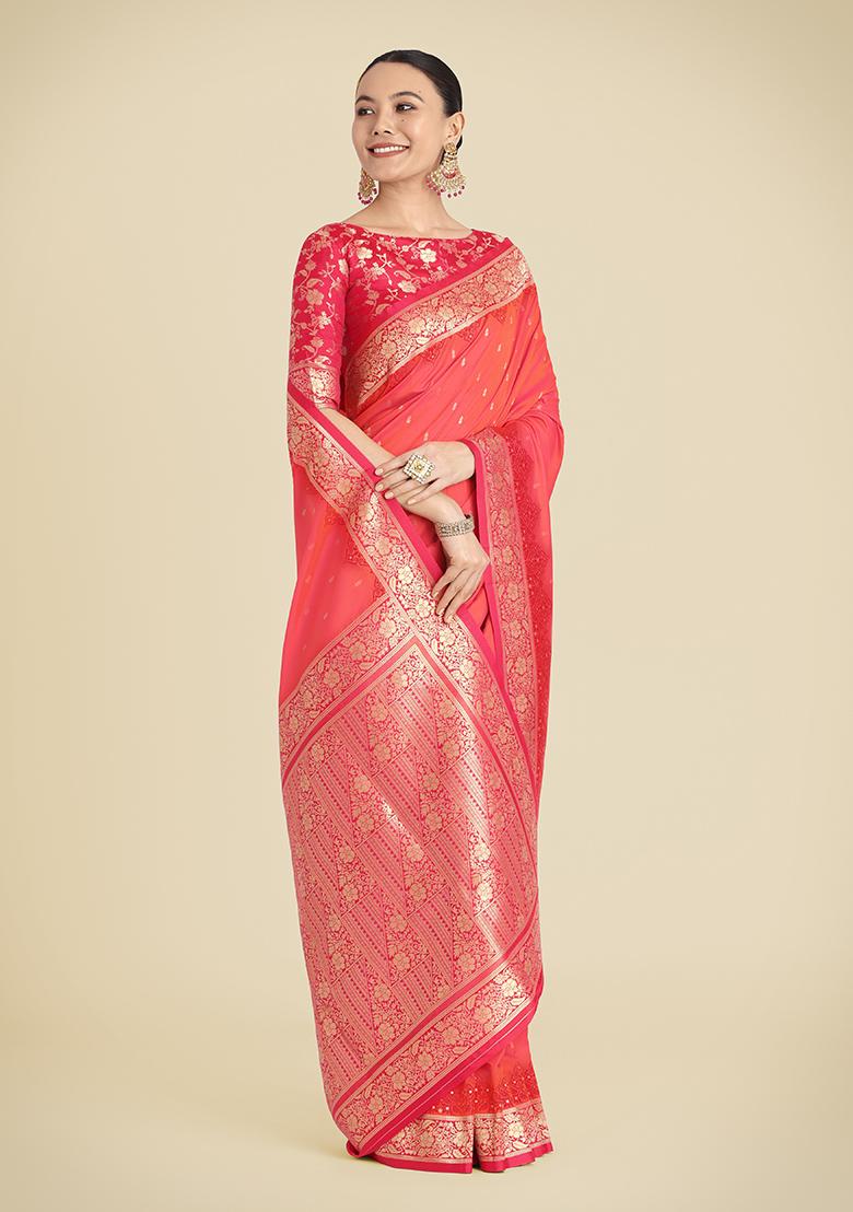 Coral Pink Embroidered Silk Saree Set