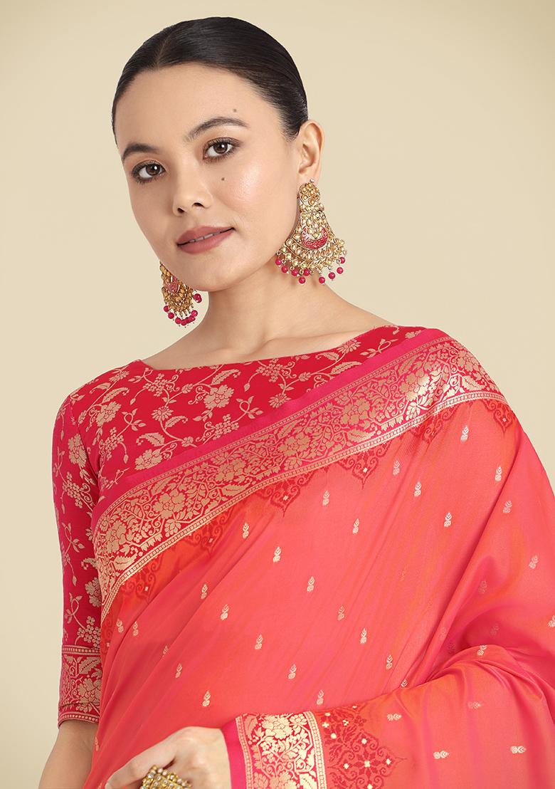 Coral Pink Embroidered Silk Saree Set